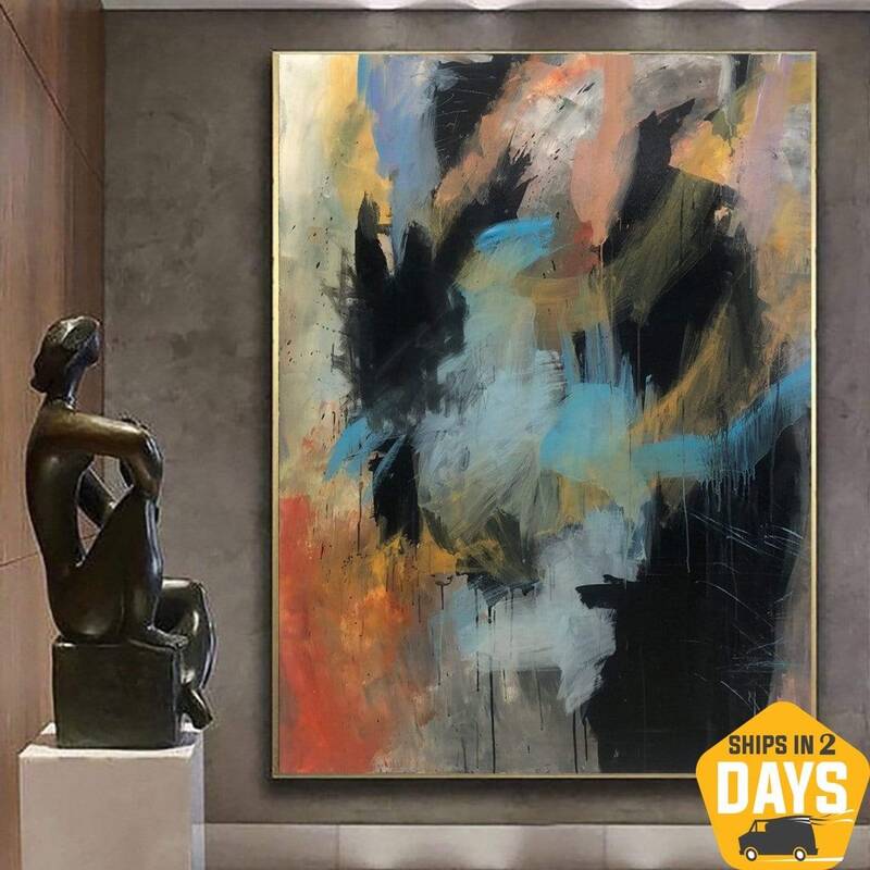 Colorful Abstract Painting on Canvas: Modern Oil Painting in Black. Blue and Red Colors as Textured Painting for Home Wall De...