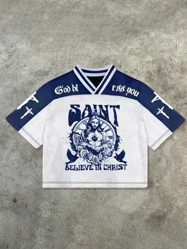 Men's Letter Jesus Print Round Neck Tee, Casual Short Sleeve T-shirt for Summer, Men's Top for Daily Wear