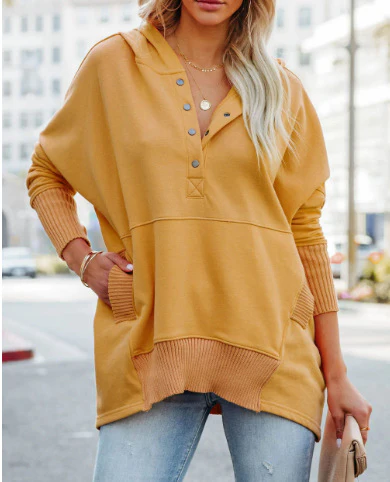 Women's Casual Oversized Sweatshirts Hoodies Button V Neck Long Sleeve Cotton Henley Pullover Hooded Tops 2025 Womenswear Win...