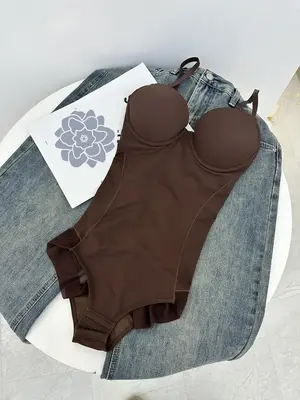 Women's Plain Ruched Contrast Mesh Sheer Push Up Shapewear Bodysuit, Casual Adjustable Strap Sweetheart Neck Tummy Control S...