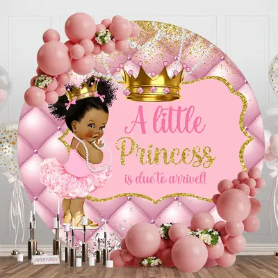 Pink Gold Crown Round Baby Shower Backdrop For Girl - Aperturee