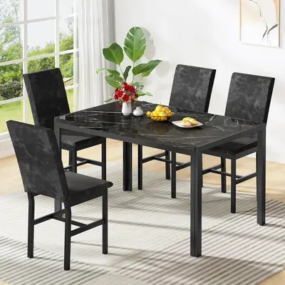 Lamerge 5-Piece Marble Dining Set with Modern Kitchen Table & 4 Upholstered Velvet Chairs, Compact Space Saving Furniture for...