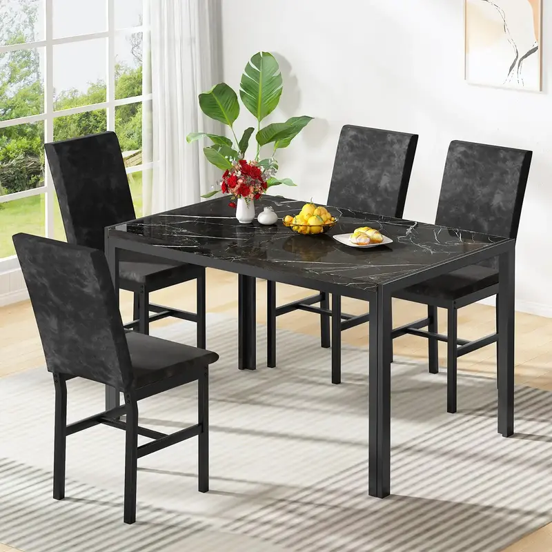 Lamerge 5-Piece Marble Dining Set with Modern Kitchen Table & 4 Upholstered Velvet Chairs, Compact Space Saving Furniture for...
