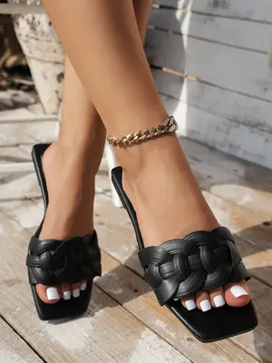 Women's Spring Holiday Solid Color Braid Design Open Square Toe Flat Sandals, Spring Summer 2024 Comfortable Slip-on Sandals ...