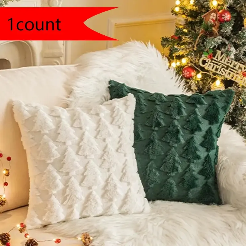 Christmas Tree Embroidery Cushion Cover, 1 Count Square Throw Pillow Cover without Filler, Household Decoration Supplies for ...