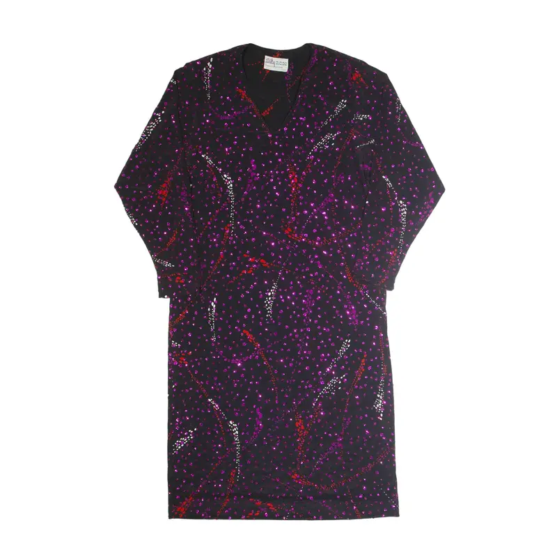 ITALY 2000 Glitter Kaftan Dress Black 90s Crazy Pattern Long Sleeve Midi Womens UK 14