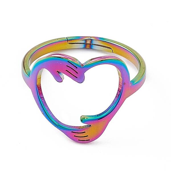 Ion Plating(IP) 201 Stainless Steel Hand Hug Heart Adjustable Ring for Women