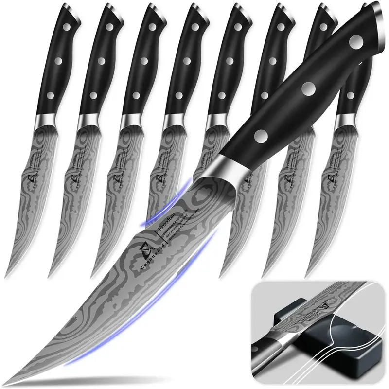 COQUUAID Steak Knives Set  with Built-in Sharpener, 4.8 Inch Non Serrated Razor-Sharp Durable Dinner Knives, German Stainless...