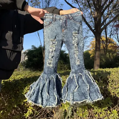 Girl Bell Bottom Jeans blue tassel girl denim pant toddler jeans party wear adjustable waist