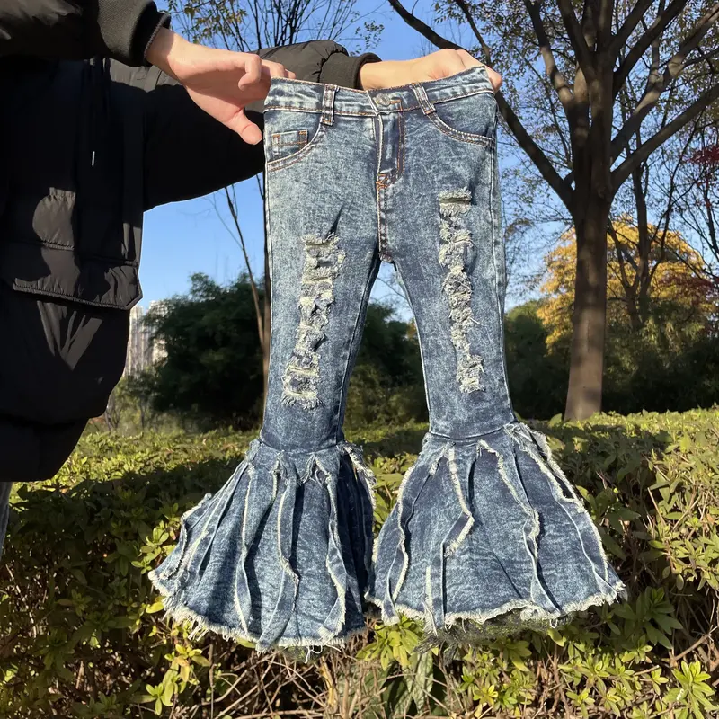 Girl Bell Bottom Jeans blue tassel girl denim pant toddler jeans party wear adjustable waist