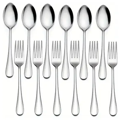 Stainless Steel Cutlery Dinnerware Set (12pcs), Including 6 Spoon & 6 Fork, Household Tableware Set for Home Kitchen Dining R...