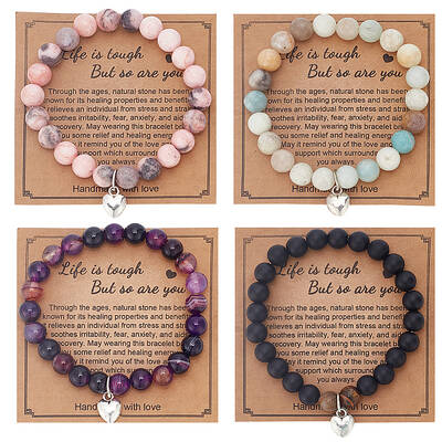 4Pcs 4 Styles Natural Mixed Gemstone Round Beaded Stretch Bracelets Set with Alloy Heart Charms