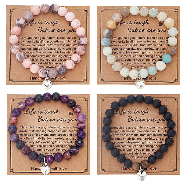4Pcs 4 Styles Natural Mixed Gemstone Round Beaded Stretch Bracelets Set with Alloy Heart Charms