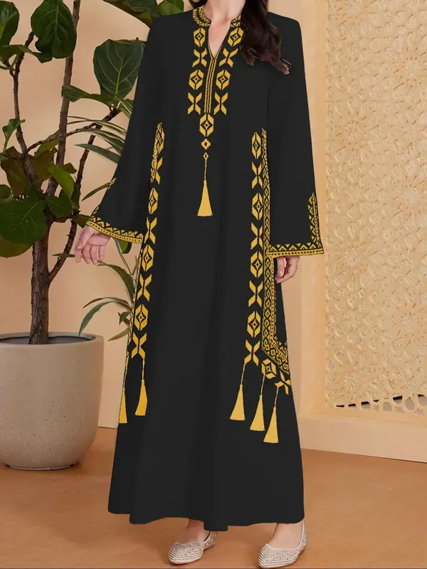 Women's Digital Print Dress, Middle Eastern Style Woven Fabric Long Sleeve A-Line Dress, Casual Fashion for Spring & Fall Sea...