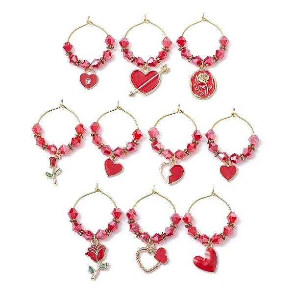 Valentine's Day Alloy Enamel Pendants Wine Glass Charms Sets