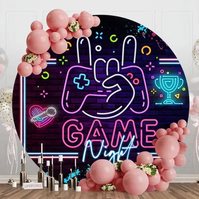 Game Night Gamepad Brick Wall Round Birthday Backdrop - Aperturee