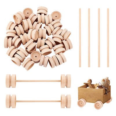 Unfinished Schima Wood Vehicle Wheels & Birch Wood Stick Sets