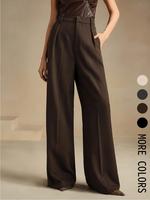 Women's Solid Color Wide Leg Pants, Elegant Fashion Casual Formal Loose Wideleg Trousers for Work Office Business, Ladies Bot...