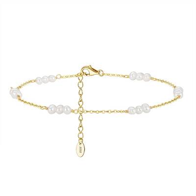Natural Freshwater Pearl Beaded Link Anklet with 925 Sterling Silver Cable Chain for Women