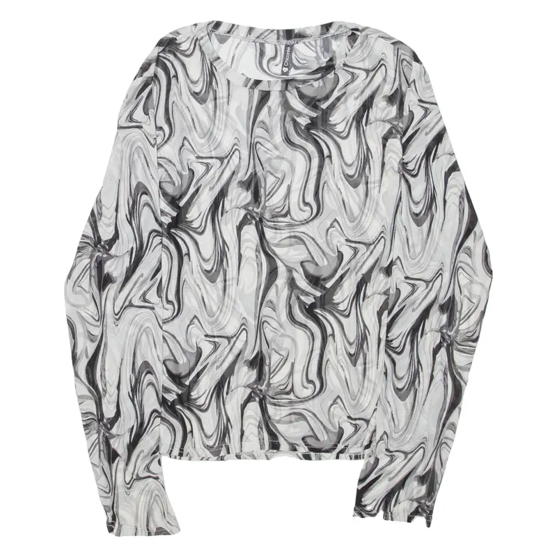 CHICOREE Sheer Womens Printed Top Grey Long Sleeve Crazy Pattern XL