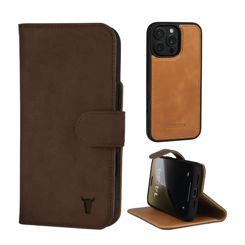 Apple iPhone 16 Pro 2-in-1 Leather Wallet Case (with Detachable Cover & MagSafe Compatible) - Nubuck / Dark Brown