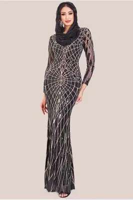 Goddiva Modesty Geo Sequin Maxi Dress - Black