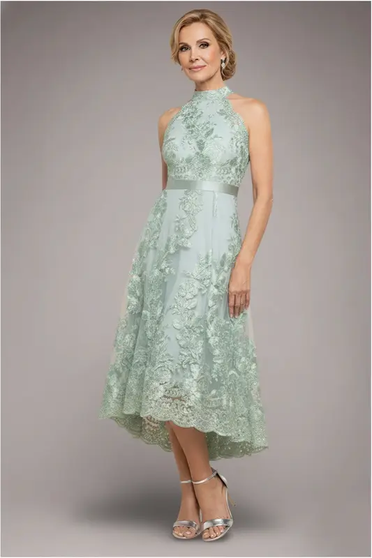 Goddiva Halter Neck Lace High And Low Dress - Sage Green