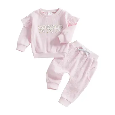 Infant Toddler Baby Girls Outfit Sets Long Sleeve Crew Neck Bow Embroidery Sweatshirt Pullover Tops Jogger Pants Set Toddler ...