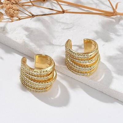 Clear Cubic Zirconia Multi Line Thick Cuff Earrings