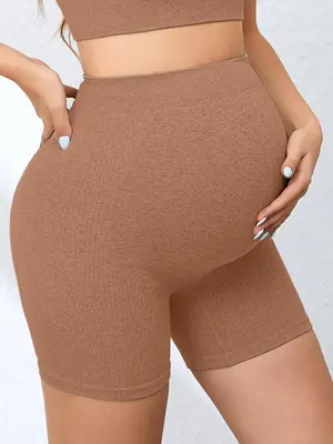 Maternity Solid Round Neck Seamless Short Leggings, High Stretch Tummy Control Yoga Shorts, Maternity Swimwear for All Season...