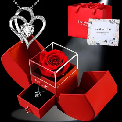Heart Shaped Pendant Necklace with Gift Box, Anniversary Gift Rose Necklace Set for Boyfriend Gift, Girlfriend Gifts Jewelry,...