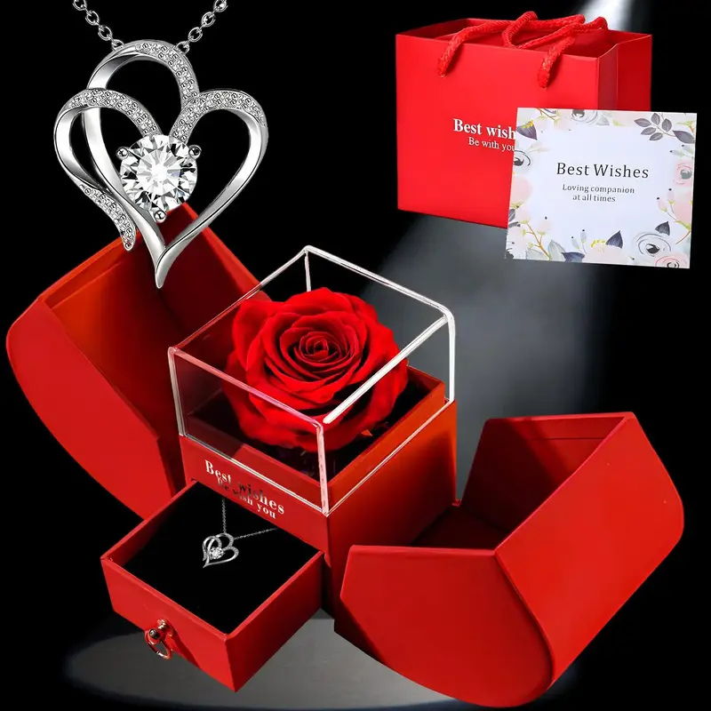 Heart Shaped Pendant Necklace with Gift Box, Anniversary Gift Rose Necklace Set for Boyfriend Gift, Girlfriend Gifts Jewelry,...
