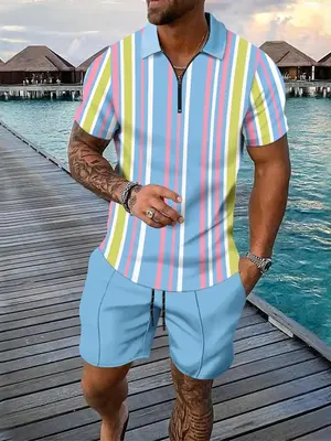 Men's Colorblock Striped Print Short Sleeve Polo Shirt & Shorts Two-piece Set, Casual Fashion Cozy Breathable Outfits for Sum...