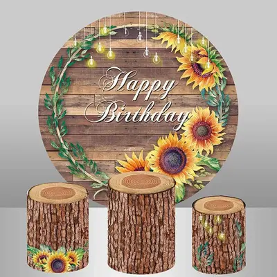 Aperturee Sunflowers And Brown Wood Happy Birthday Round Backdrop | Round Backdrop Cover Diy | Round Party Backdrop | Round B...