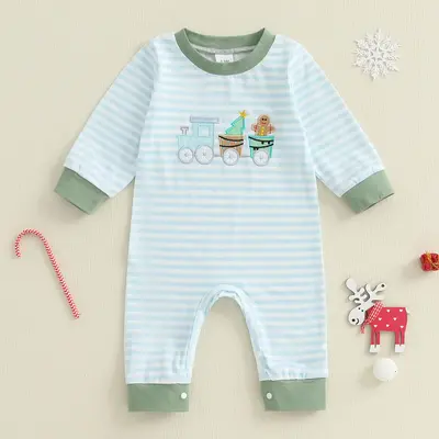 Infant Baby Boy Christmas Romper Embroidered Striped Crew Neck Long Sleeve Infant Jumpsuit 0-18 Months