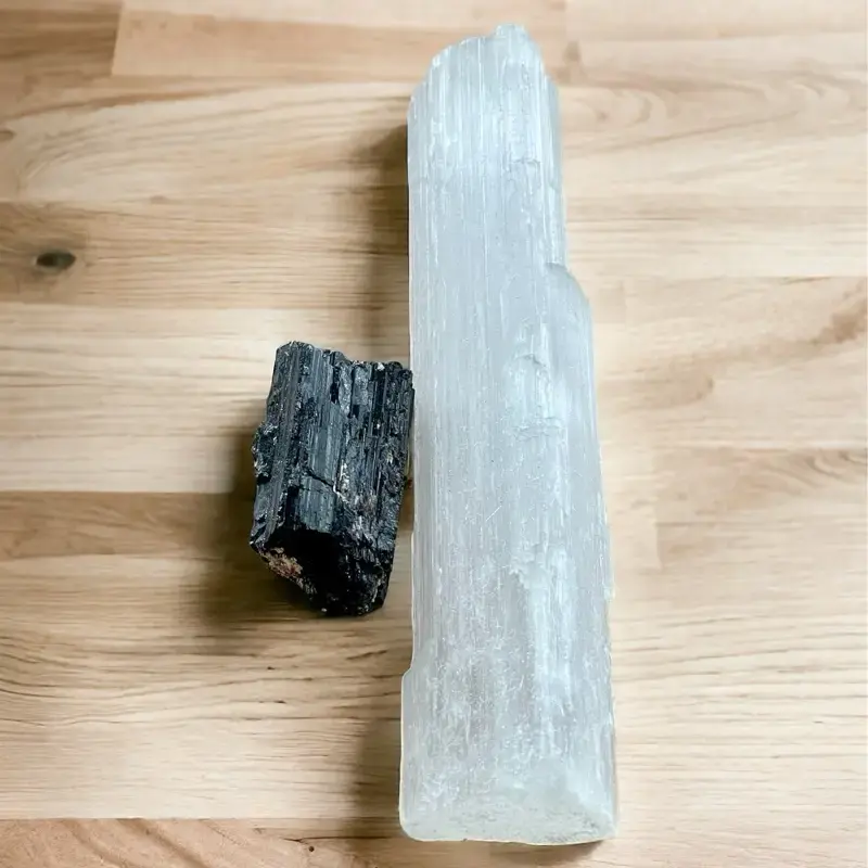 Protect Your Home, Car Protection, Safe Driving: Selenite and Black Tourmaline Natural Raw Crystals, 6-8 inch selenite, 1-2 i...