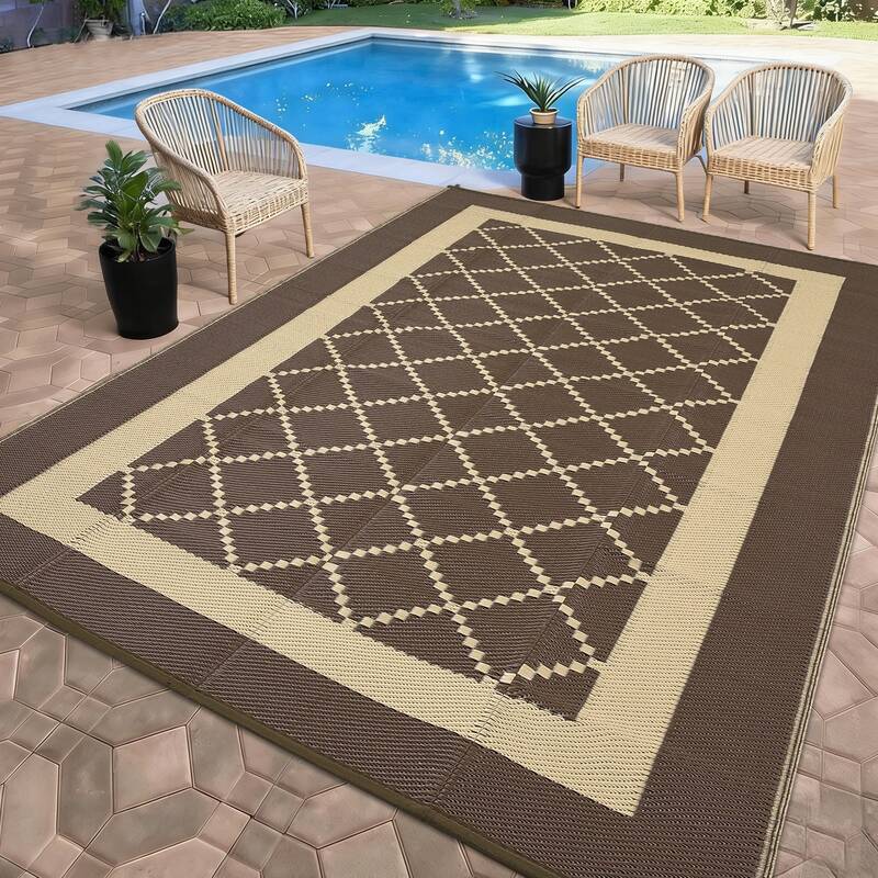 Garvee Outdoor Rug for Patio 9x12 Waterproof Camping Mat Reversible Plastic Straw Floor Carpet Modern Diamond Indoor Outdoor ...