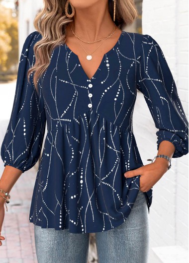 Modlily Navy Geometric Print 3/4 Sleeve Split Neck Blouse - M