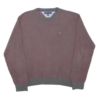 TOMMY HILFIGER Mens Patterned Jumper Maroon Striped Tight Knit XL