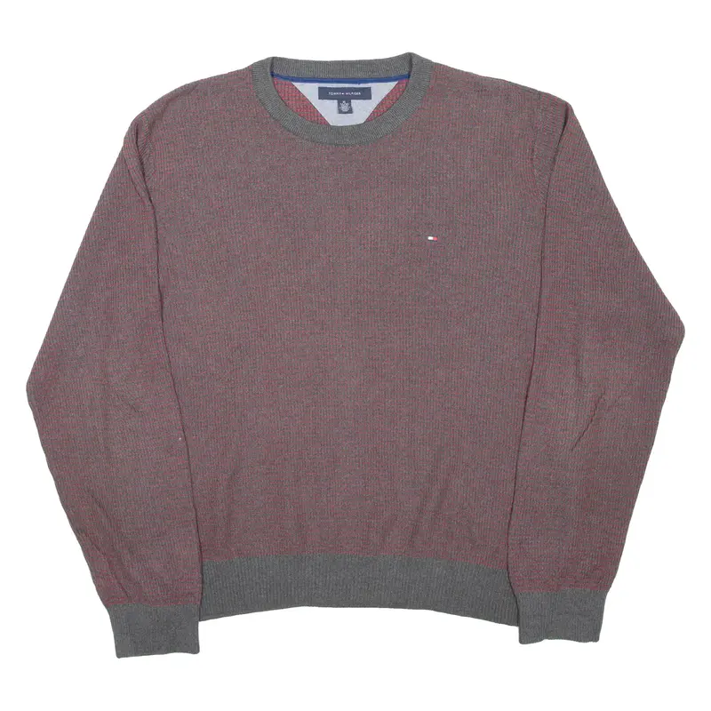TOMMY HILFIGER Mens Patterned Jumper Maroon Striped Tight Knit XL
