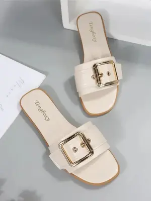 Women's Fashionable Plain Color Buckle Design Slide Sandals, Casual Comfortable Flat Popular 2024 Summer Shoes, Lightweight B...