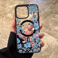 Blue flower and butterfly pattern, shockproof magnetic protective cover, suitable for iPhone 16 15 14 13 12 11 XS X and other...