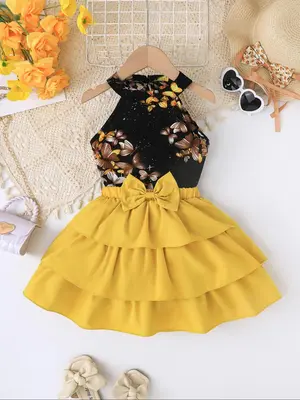 Girl's Floral Print Bow Decor Ruffle Trim Sweater Top & Cake Skirt Two-Piece Set, Elegant Fashion Casual Two Piece for Daily ...