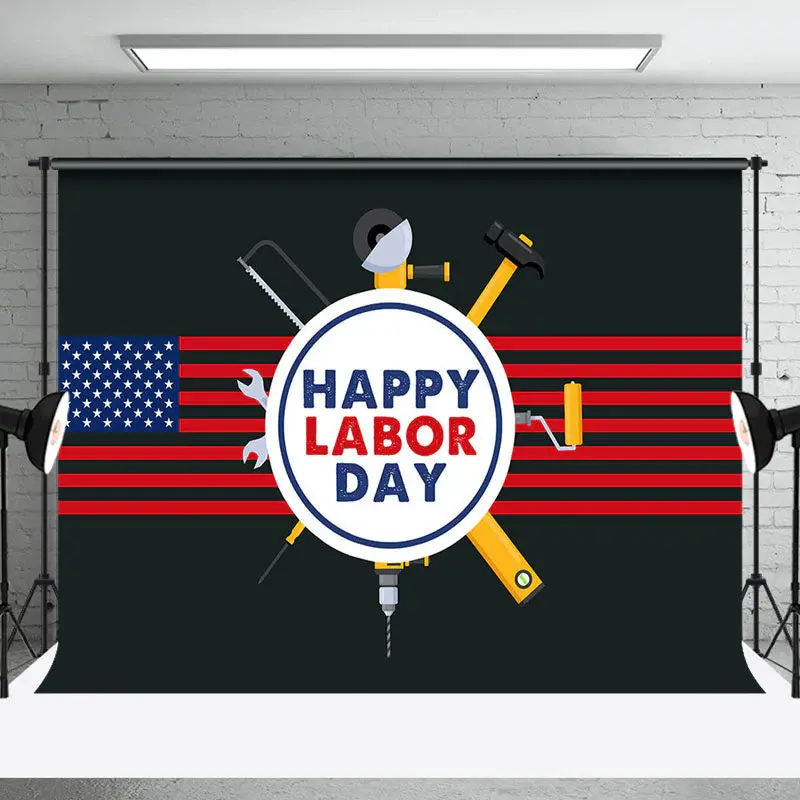 Black Usa Flag Repair Tools Happy Labor Day Backdrop