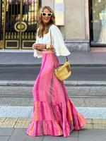 Boho Pink Patterned Tiered Maxi Cotton Skirt Leather Womenswear