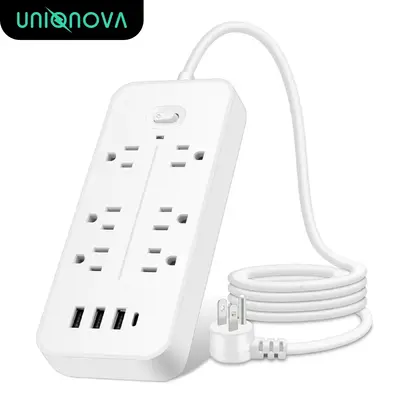 UNIQNOVA Extension Cord 1.2m/4FT, 6 Outlets 3 USB Ports, 1 USB-C, Flat Plug with Surge Protector