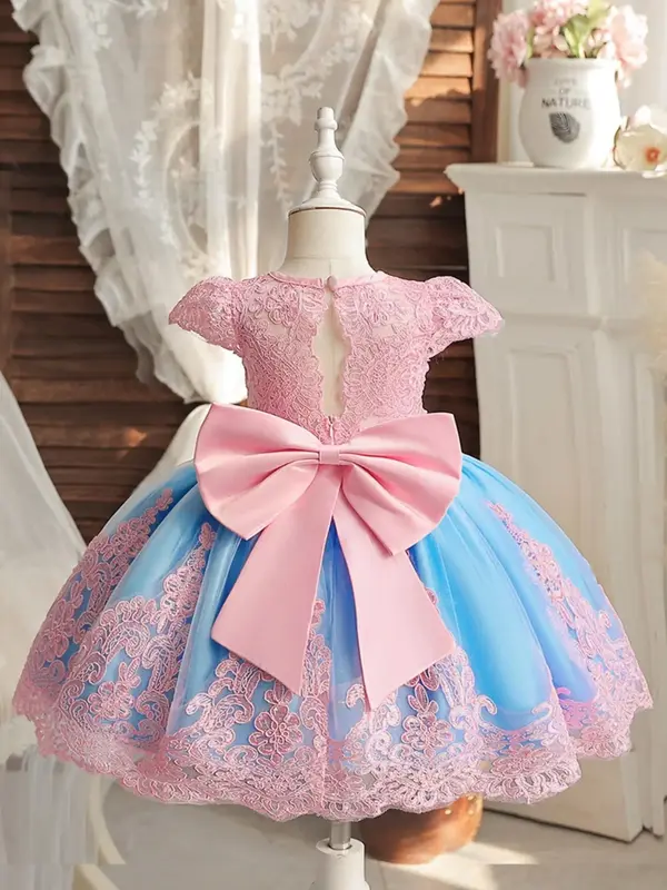 Girl's Embroidery Floral Tulle Dress, Elegant Short Sleeve Round Neck Dress for Party Performance Wedding Guest, Kids Summer ...