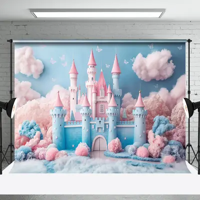 Fairy Tale Blue Pink Castle Plush Cake Smash Backdrop