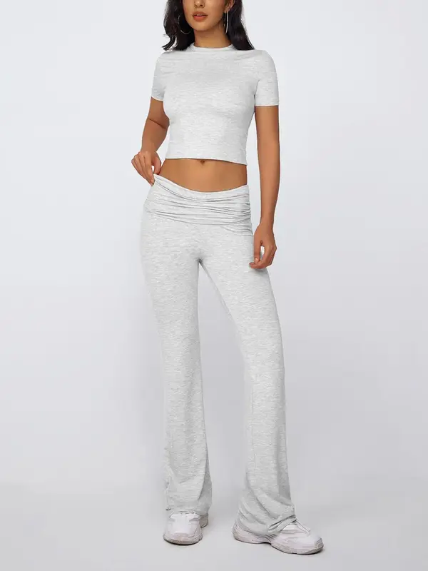 Women's Solid Crop Tee & High Waist Flare Leg Pants Set, Casual Short Sleeve Round Neck Tee & Trousers For Summer, Summer Ou...