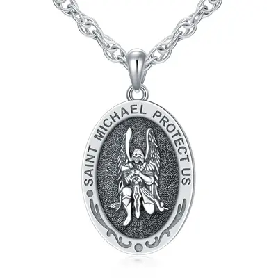 Sterling Silver Sitting Saint Michael Pendant Necklace with Engraved Word for Men
